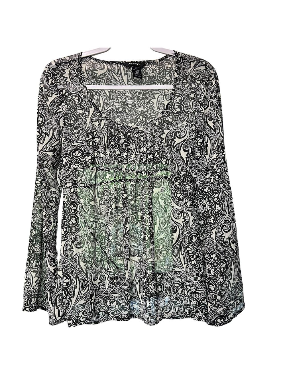 Anxiety Top Black White Floral Boho Chic Whimsigoth Artsy Ruched SZ Med Metallic